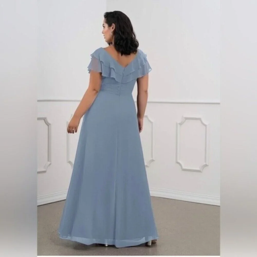 AZAZIE maxi dress A-Line Ruched Chiffon Floor-Length Dress Dusty Blue Size 10 - Picture 3 of 14